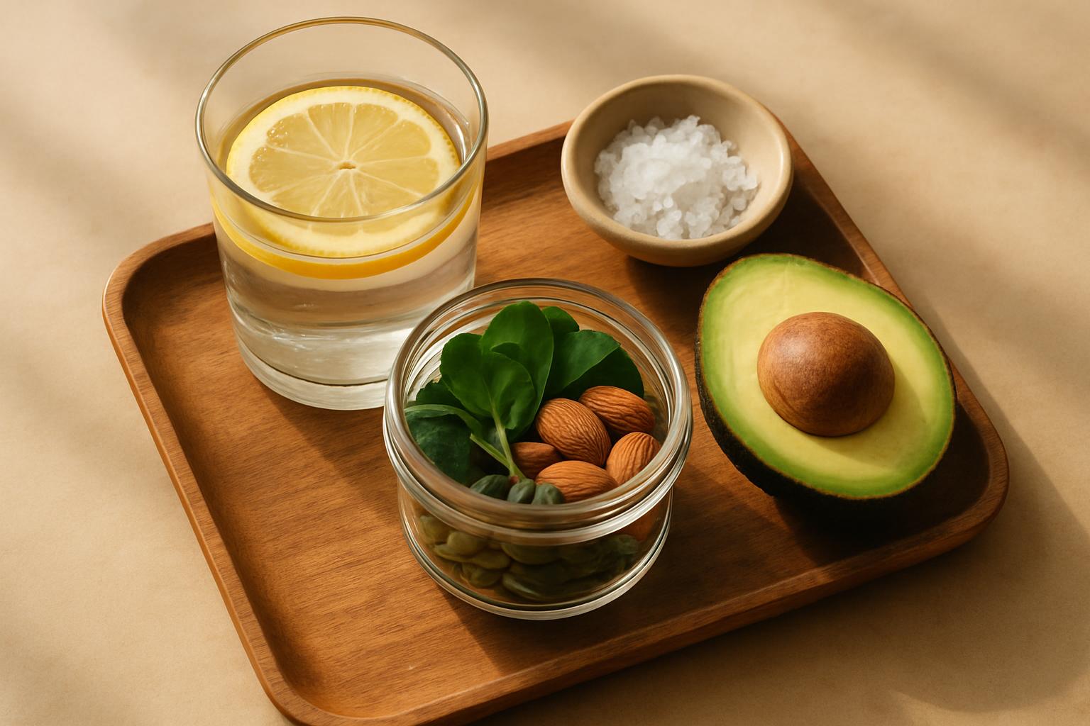 Plateau KETO bien-être : eau citronnée, sel, magnésium, avocat