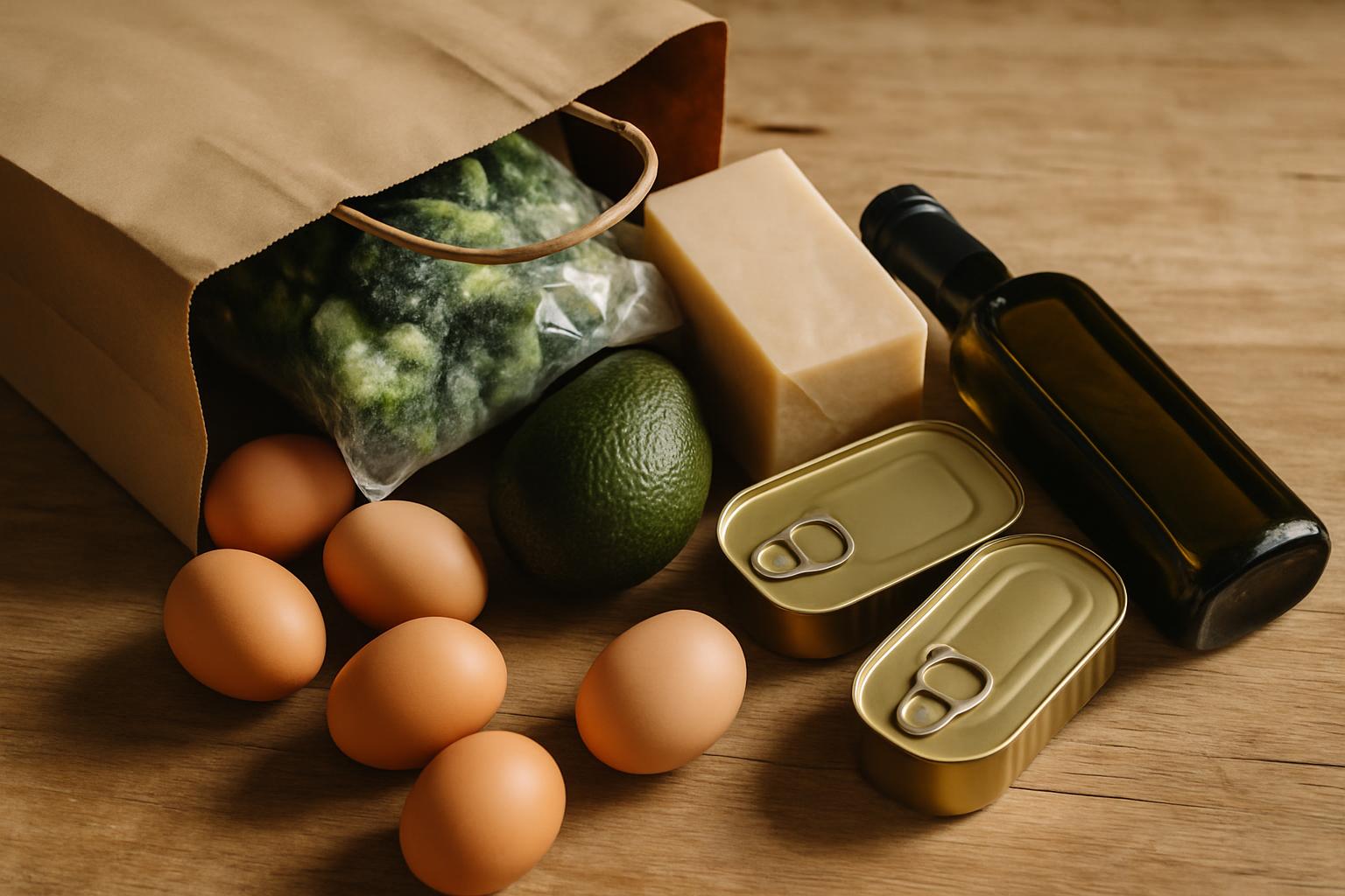 Sac de courses KETO sur table en bois — œufs, sardines, fromage, brocoli surgelé