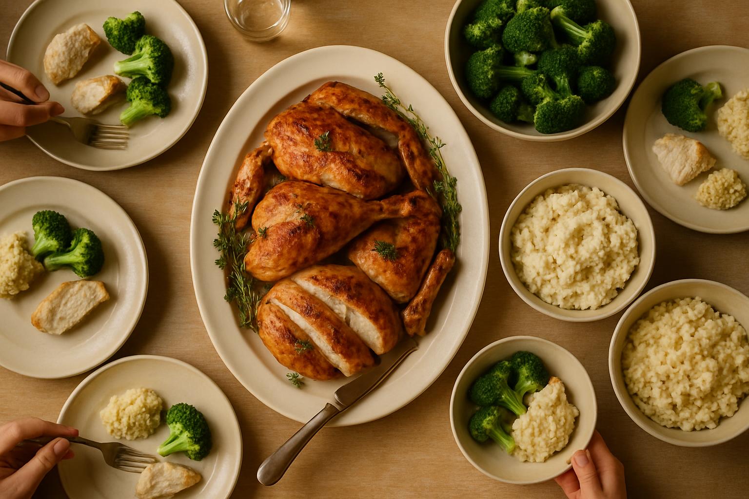 Table familiale avec plat partagé : poulet rôti, brocoli, purée chou-fleur et riz pour les non-KETO