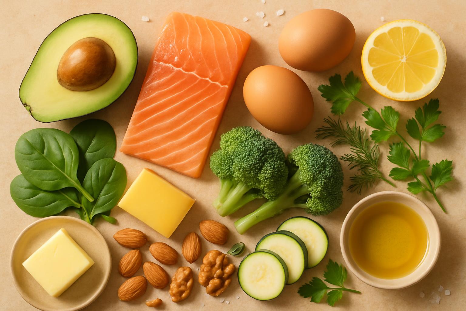 Spread d'aliments KETO : avocat, saumon, œufs, brocoli, fromage, beurre, fruits à coque