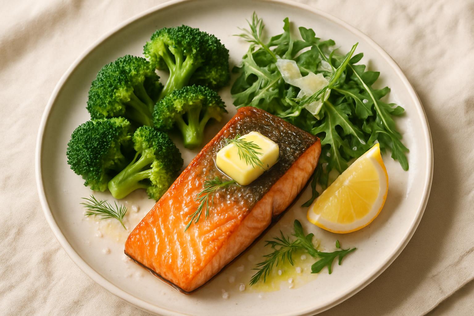Assiette KETO : saumon poêlé au beurre, brocoli vapeur, salade roquette parmesan